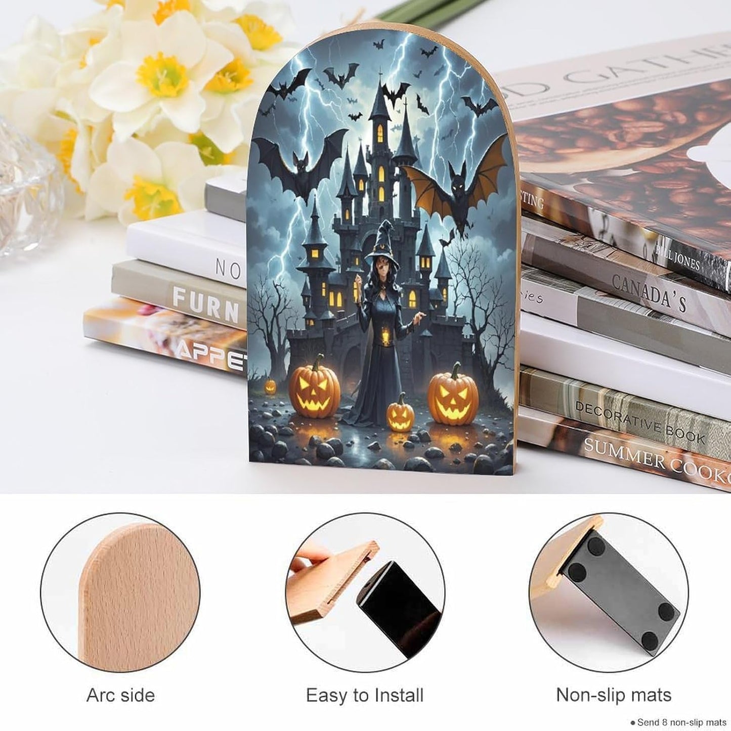 Witches Night Bookends 1 Pair Heavy Duty Book Ends for Shelves Non-Skid Bookend Supports Wooden Book Holders with Metal Base Desk Organizers Books Storage to Hold Books