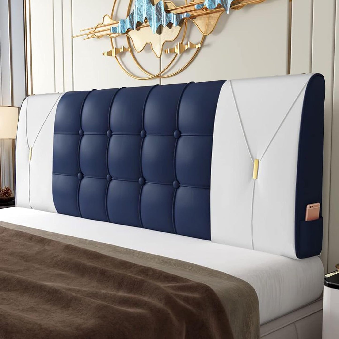 Headboard Bedside Cushion Removable PU Bedroom Lumbar Support Pillow Anti-Collision Reading Backrest for Without Headboard Bed 4 Colours (Colour: Grey Size: 90 CMX58 CMX10 CM) (Dark Blue 150 cm x 58