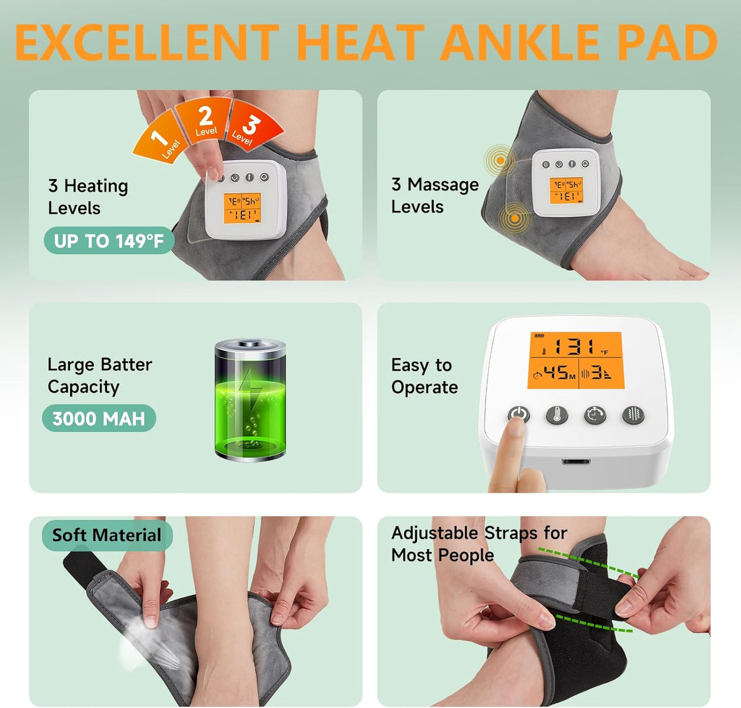Rechargeable Cordless Ankle Massager with Heat, Heated Foot Massager for Plantar Fasciitis & Achilles Tendinitis Pain Relief, 3 Vibration & Heat Modes, Auto Shut-Off