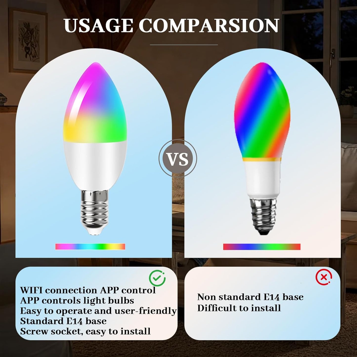 4 Sets E14 5W RGBCC Smart Light Bulbs with Adjustable Color Temperature Compatible with Alexan Google Assistant, 14MM Small Base Candle Light Suitable for Parties or Home Decoration