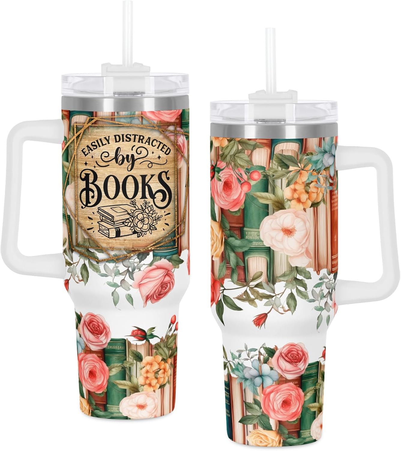 Easily Distracted By Books Book Lover Tumbler, Bookish Gift For Book Lover, Reader, Bookworm, Book-Themed 40 Oz Tumbler with Handle