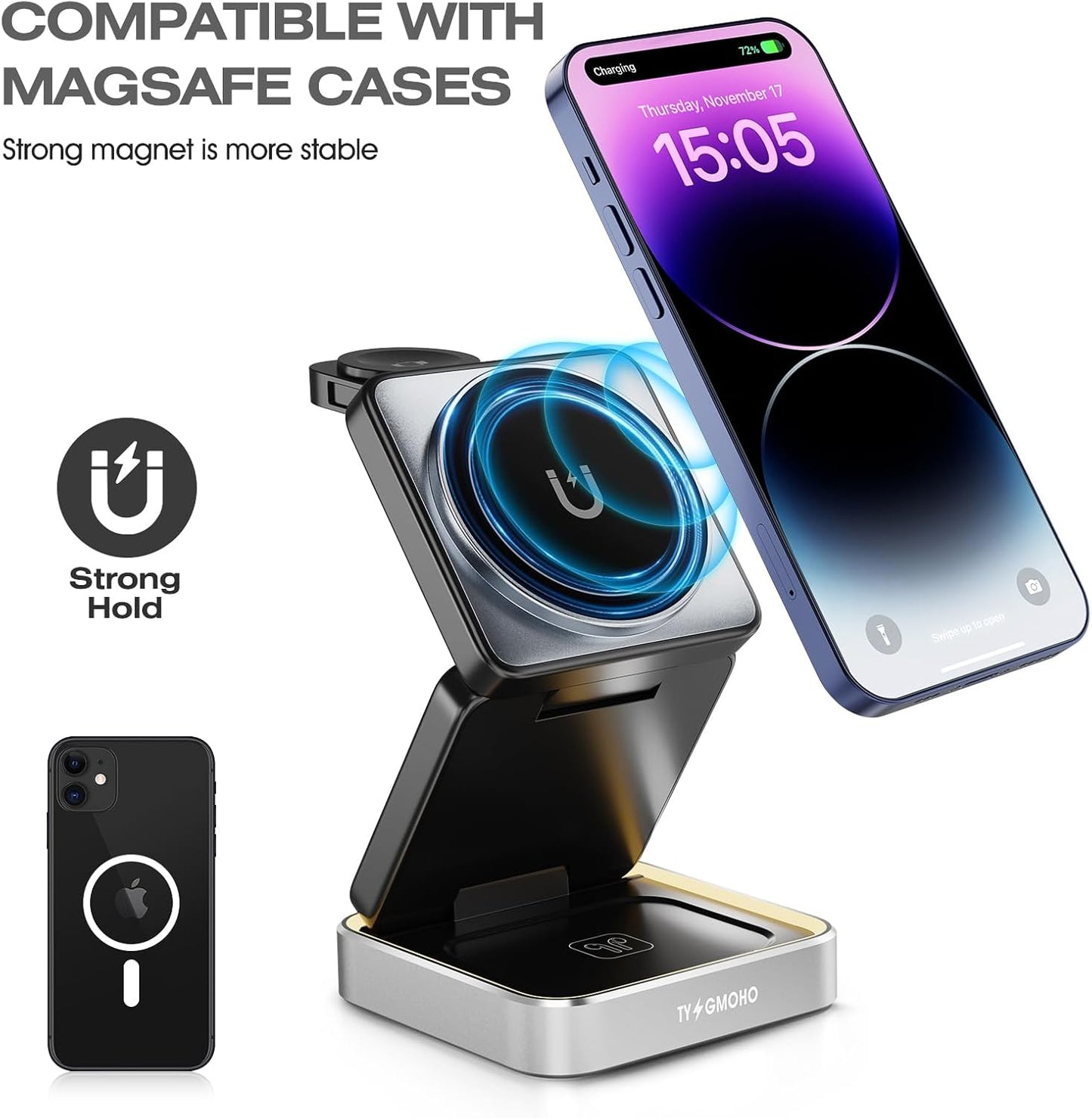 Portable 3 in1 Magsafe Wireless Charger Station for Apple iPhone, Multiple Devices, Foldable Travel Charging Stations, Magnetic Fast Charger with Light for iPhone 12-16 Series for Apple Watch & Airpod