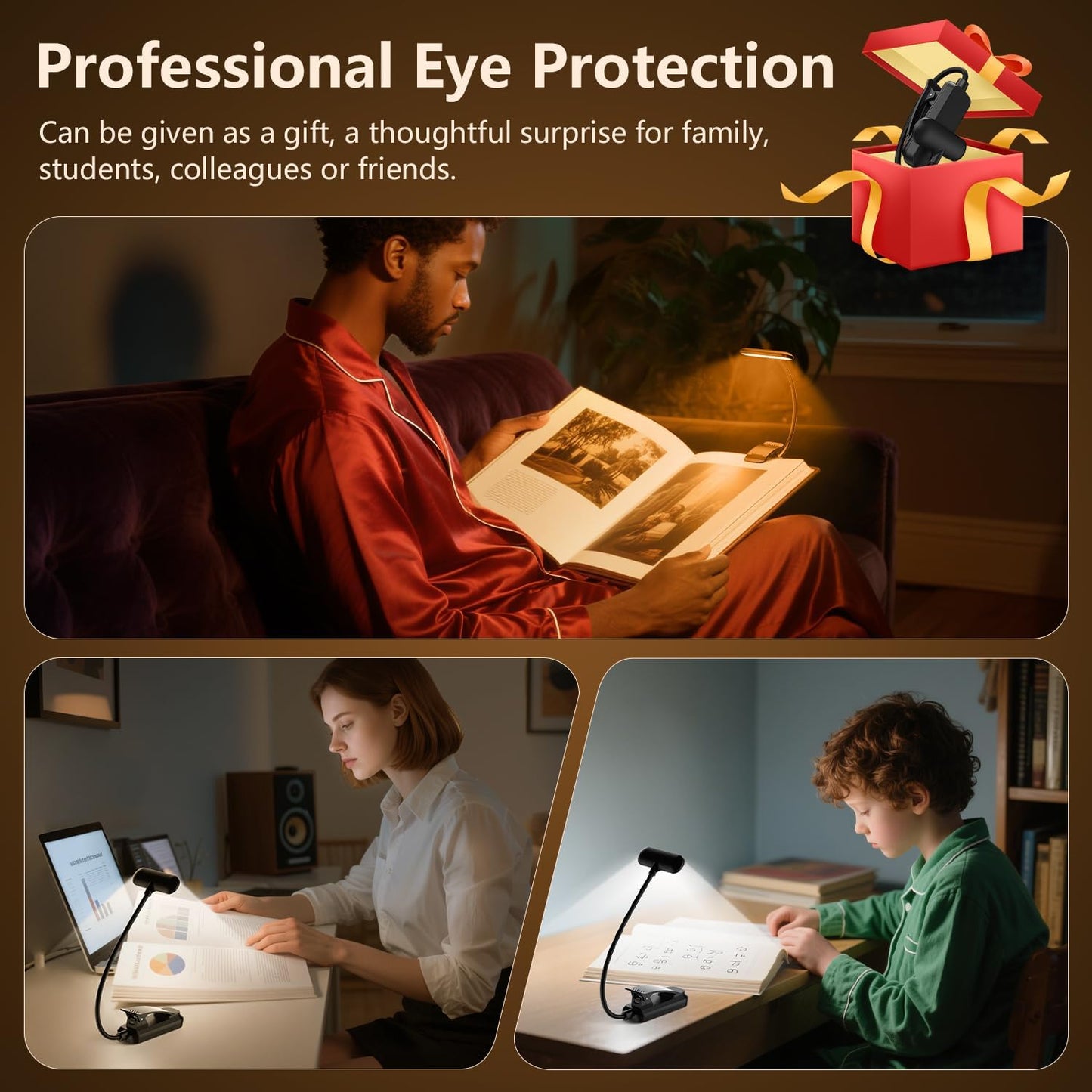 20 Led Book Light Clip On, USB Rechargeable Reading Light, Eye Caring 3 Color Temperatures, Adjustable Brightness, Portable, Sturdy Clamp Light Suitable for Traveling and People Studying Etc.