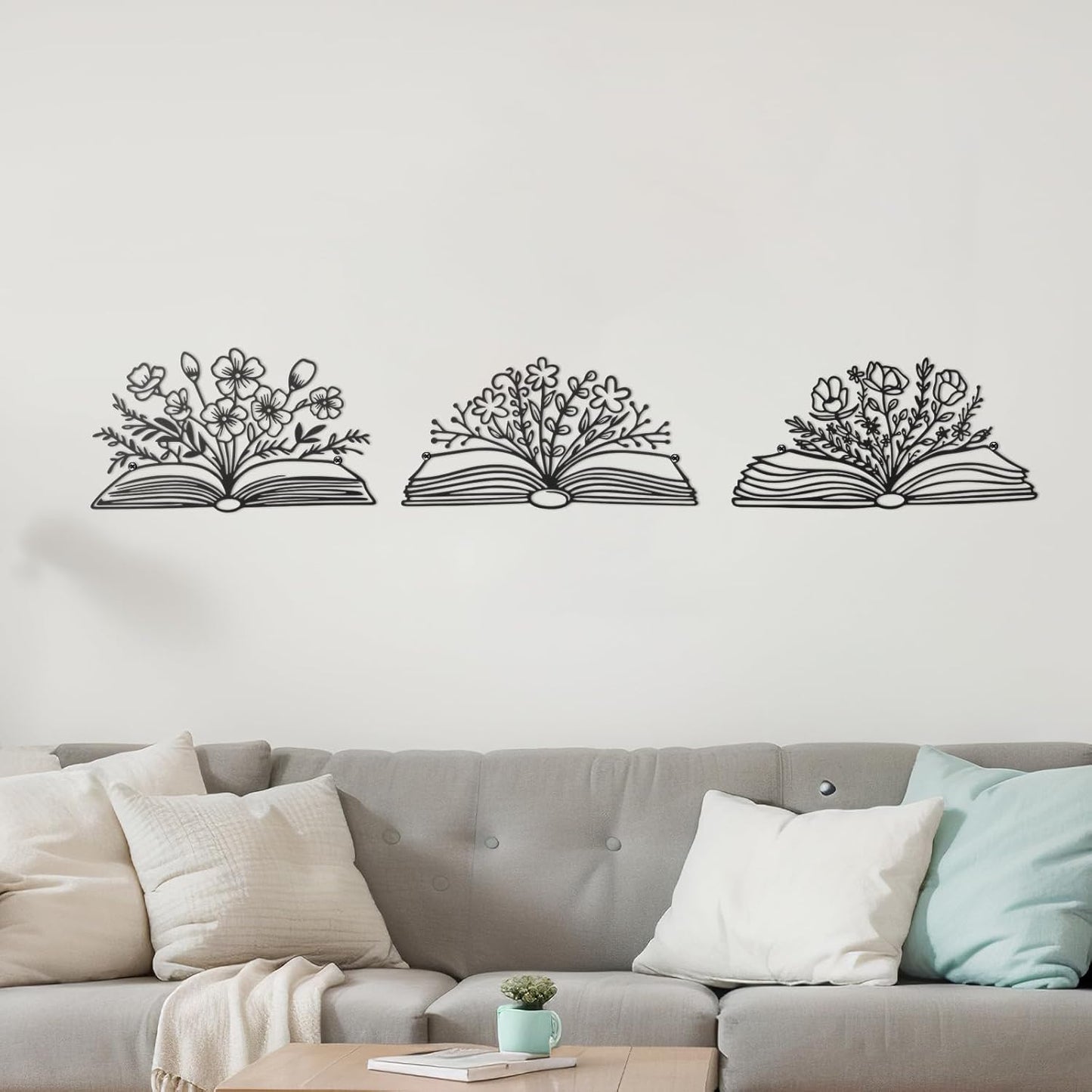 Honeydak 3 Pcs Reading Metal Book Flower Wall Art Decor Black Wall Hanging Decor Library Sign Silhouette Book Lovers Teacher Gift Wall Sculptures for Home Reading Room Living Room Bedroom Office