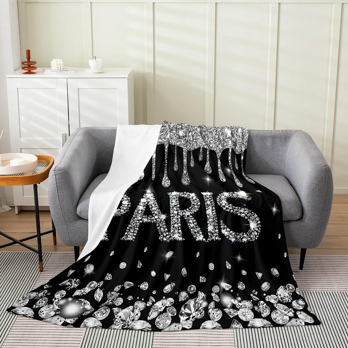 Eiffel Tower Fleece Throw Blanket Paris Glitter Diamond Plush Blanket for Kids Paris Decor Black Silver Sherpa Blanket Breathable Fuzzy Blanket Room Decor Twin 60"x80"