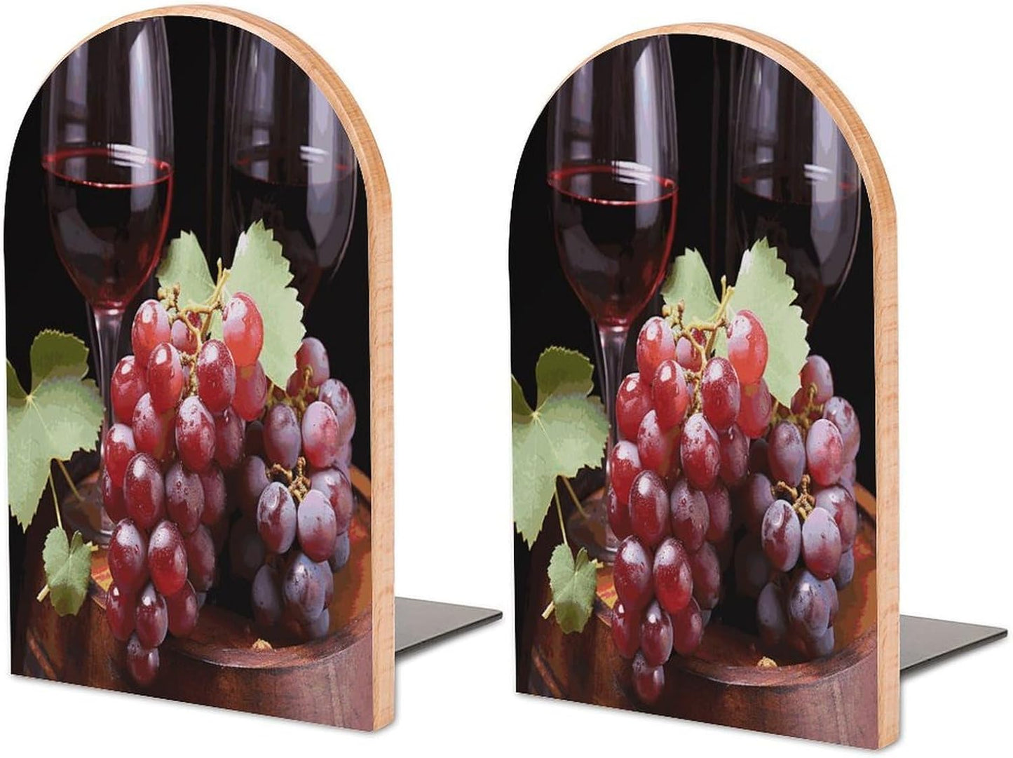 Red Wine Grape Bookend for Shelves Wooden Book End Large Size Sturdy Book Holders Stoppers with Metal Base for Bookshelves Slick Decorative Bookends Stands