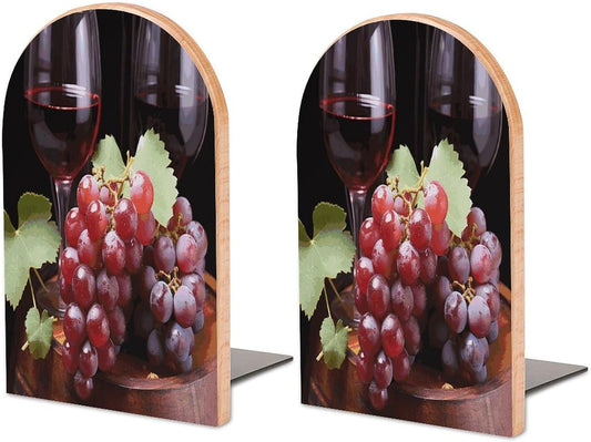 Red Wine Grape Bookend for Shelves Wooden Book End Large Size Sturdy Book Holders Stoppers with Metal Base for Bookshelves Slick Decorative Bookends Stands