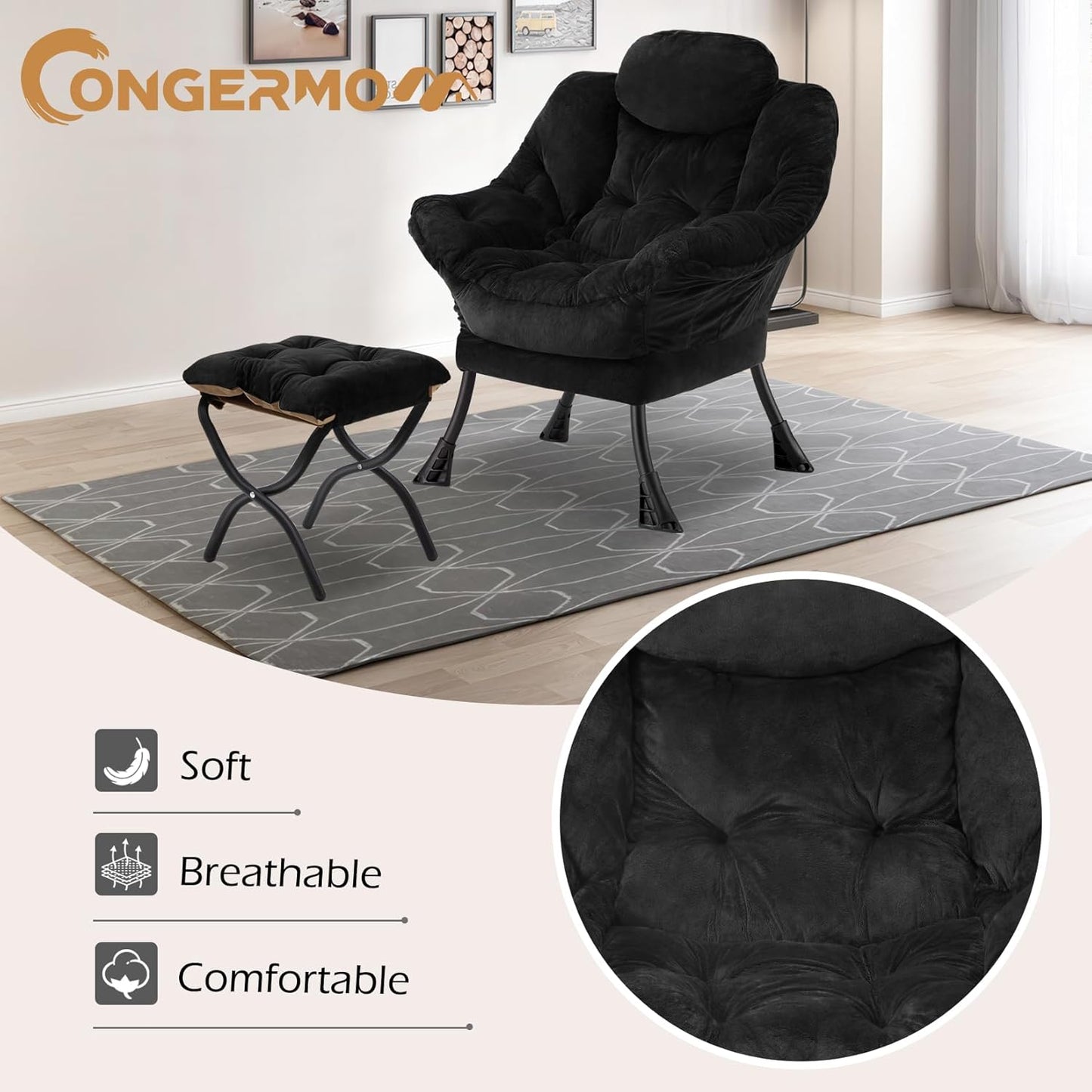 Lazy Chair with Folding Ottoman,Leisure Sofa Chair,Soft Fabric Armchair with Armrests and Side Pockets, Reading Chair with Footrest for Living Room, Bedroom, Office (Plush Black)