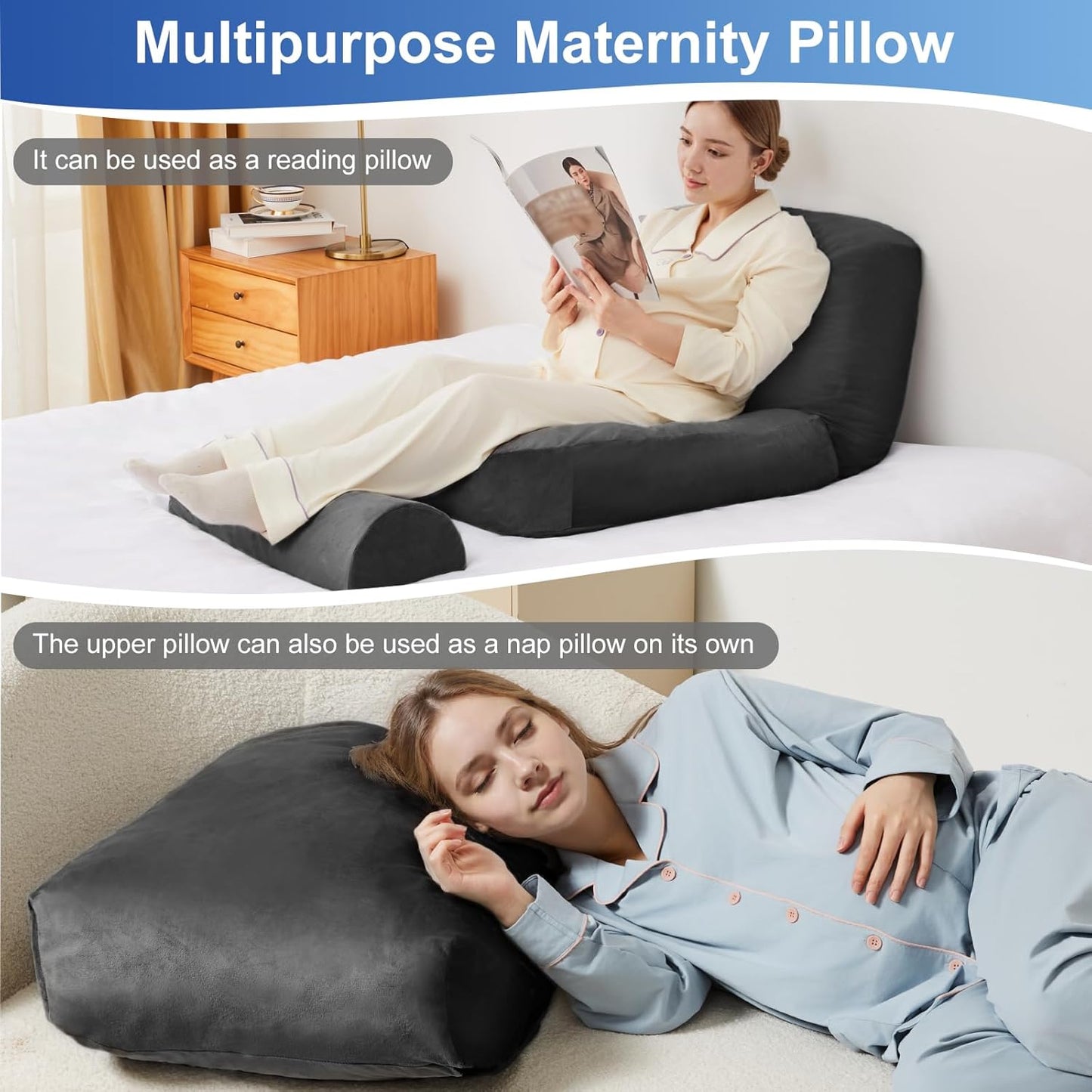 Pregnancy Pillows for Sleeping, 44.5 Inch Pregnancy Massage Pillow Full Body Pillow with Leg Pillow & Removable Cover - Support for Back, Legs, Belly, HIPS for Pregnant Women (Black)