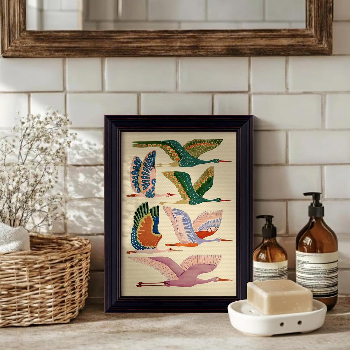Framed Birds Dopamine Canvas Wall Art, Big Birds In Flight Aesthetic Poster, Trendy Colorful Animal Pattern Print for Girls Room, Nursery Quirky Animal Picture Wall Decor 8x10in