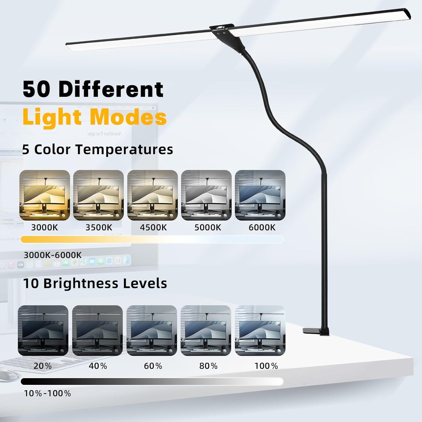 LED Desk Lamp for Home Office, 50 Brightness & Temperature Modes, Eye Protection, Dual Head Dimmable Table Light, 360° Adjustable Gooseneck with Clamp Remote Control, 90% Energy Saving (Black)