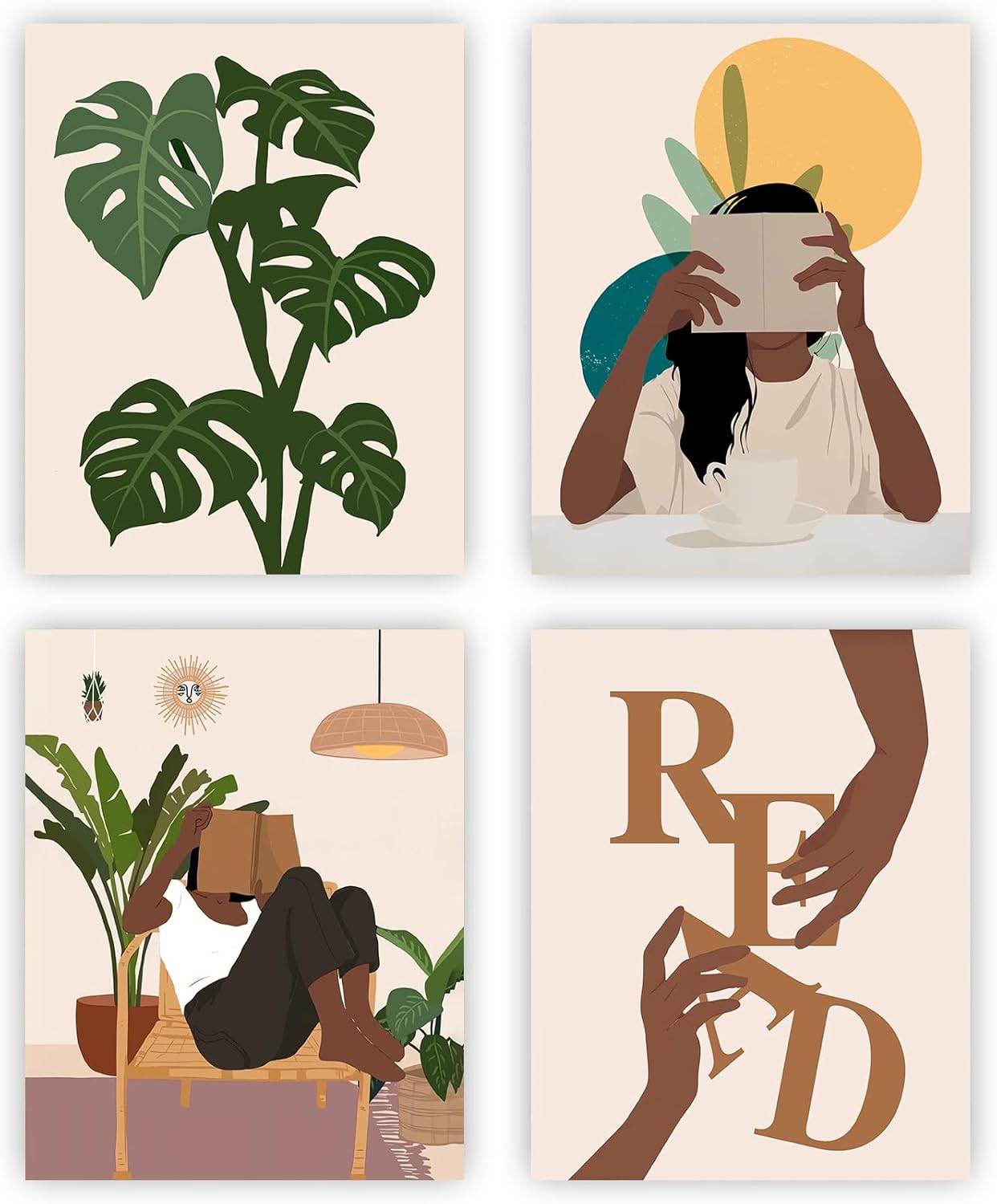 NIIORTY Afro Girl Reading Book Wall Art, African American Wall Art, American Minimalist Boho Canvas Posters for Girls Dorm Room Woman Bedroom Decor, Set of 4-8 x 10 inches, Unframed