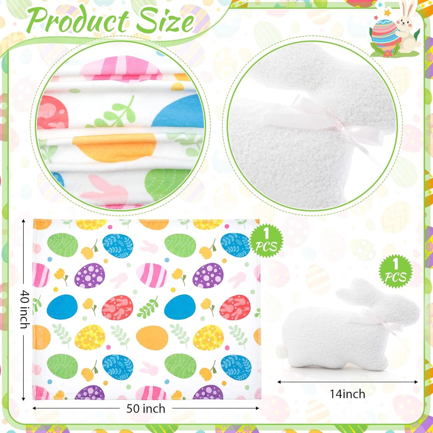 2 Pcs Easter Plush Throw Blanket and Pillow Set, 40 x 50 Inch Soft Easter Eggs Flannel Blanket Fluffy Bunny Stuffed Pillow Cushion Gifts for Boys Girls Teens Bedroom Decor