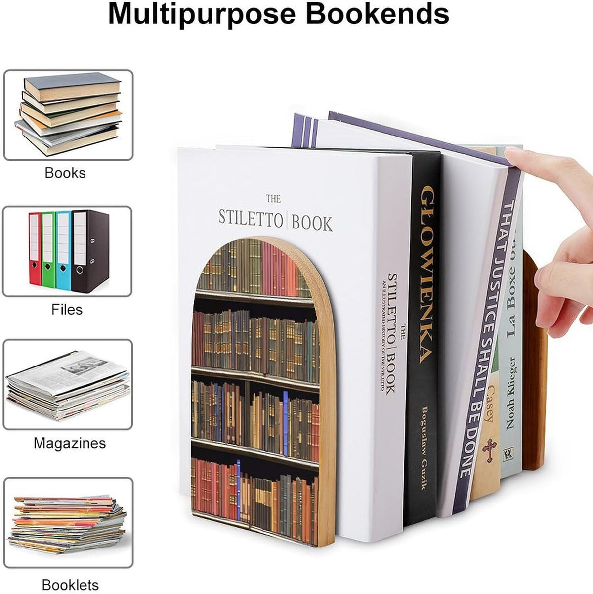 Library Bookshelf Wooden Bookend Non-Slip Book Ends Heavy Duty Book Stopper with Metal Base Books Holderd Decorative Bookends Stands Firmly for Office Supplies
