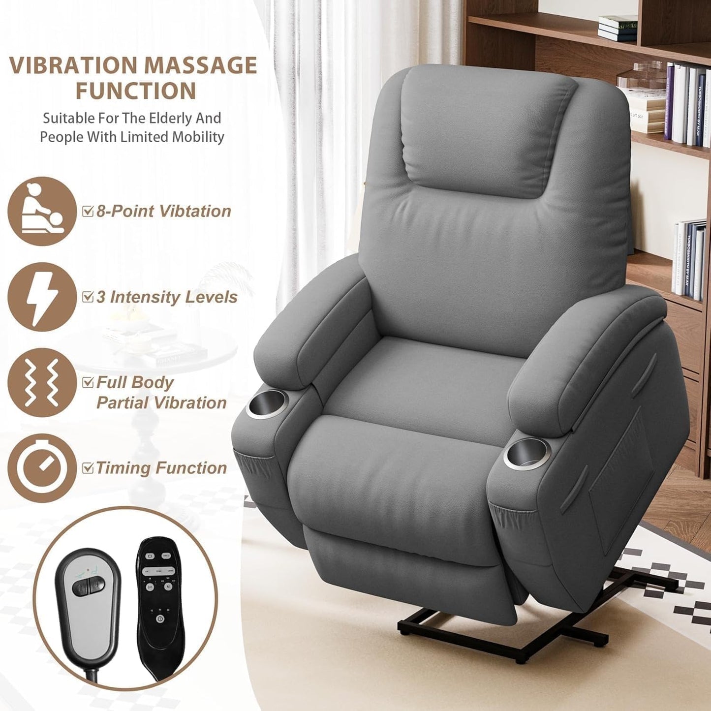 Elderly Ergonomic Power Lift Chair with Cup Holders Side Pockets Remote Control Massage Recliner Chairs for Living Room Bedroom Home Furniture
