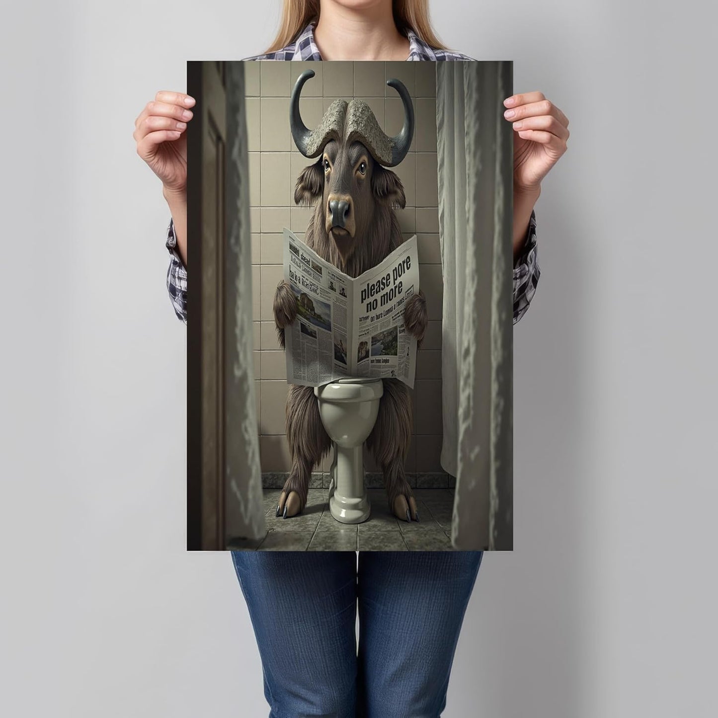 Exaggerated Animal Canvas Wall Art Water Buffalo Sitting On The Toilet Reading Newspaper Wall Decor Dark Brown Poster Print Artwork For Living Room Yoga Room Hotel Bedroom Home Decoration 24 X 36 Inch