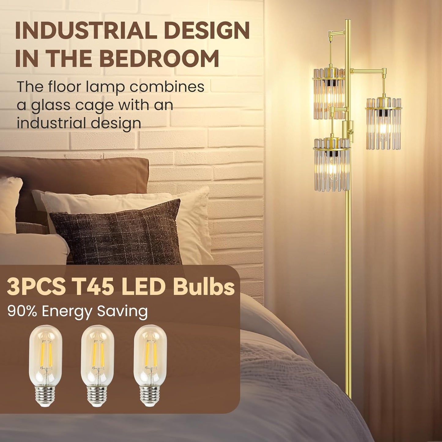 Industrial Modern Floor Lamps for Living Room, Dimmable Glass Tree Standing Tall Lamps with 3 Elegant Teardrop Cage Head & 800 Lumens LED Bulbs for Bedroom Office (65inch Tall)