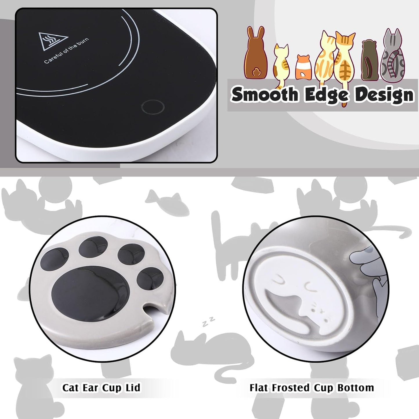 Honeydak Coffee Mug Warmer Cute Cat Mug Set Cup Warmer for Women Heated Coffee Warmers for Mom Home Office Desk Valentine's Day Anniversary Birthday Gifts(Cat,Gray)