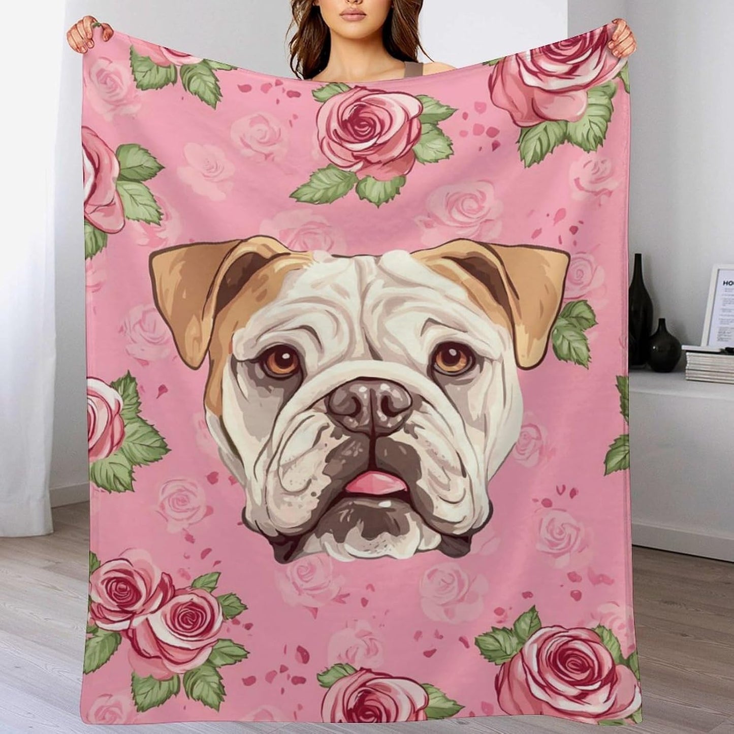 Flower Boston Bulldog Throw Blanket for Couch Bed Plush Cozy Fuzzy Flannel Blanket for All Season 55"x70"