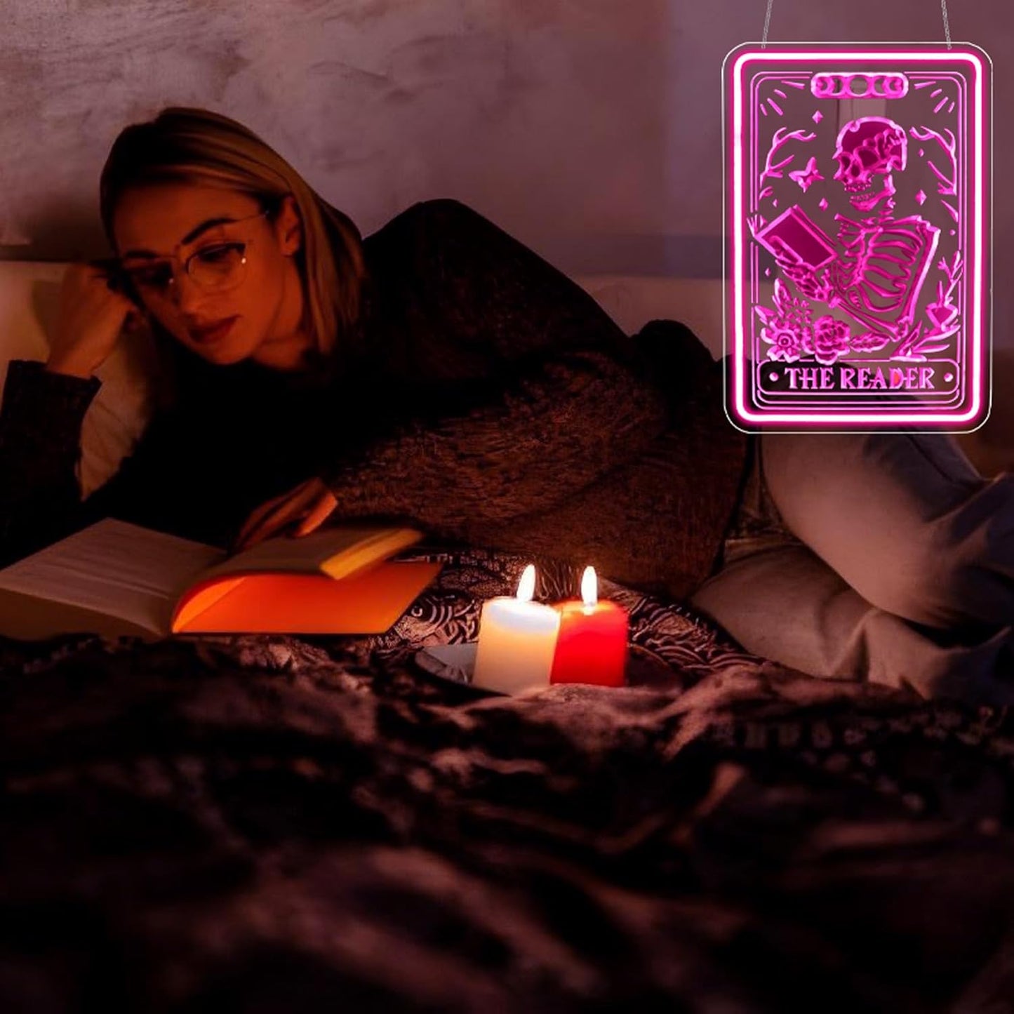 Skeleton Reading Book Neon Sign Led Neon Lights Neon Signs for Wall Decor USB Powered Led Neon Signs for Room Decoration