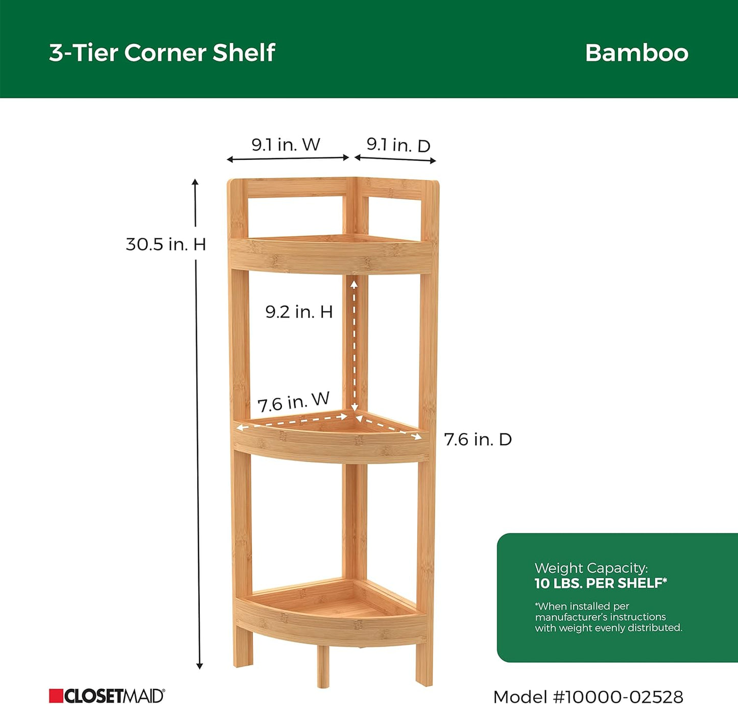 ClosetMaid Corner Shelf, 3 Tiers with Display Shelves, Floor Standing Bookshelf, Small Space Shelving Unit, Plant Stand, Bamboo Wood