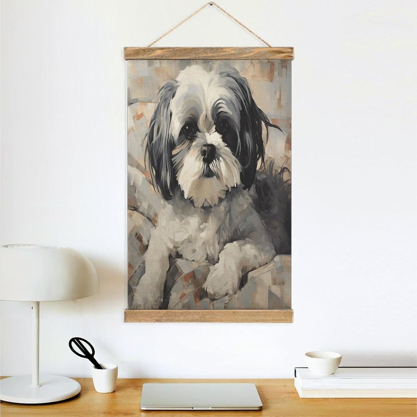 Vintage Shih Tzu Poster with Wooden Frame Personalized Linen Hanging Scroll Painting Rustic Wall Hanging Illustrative Modern Artwork Decor for Home Living Room Bedroom Office