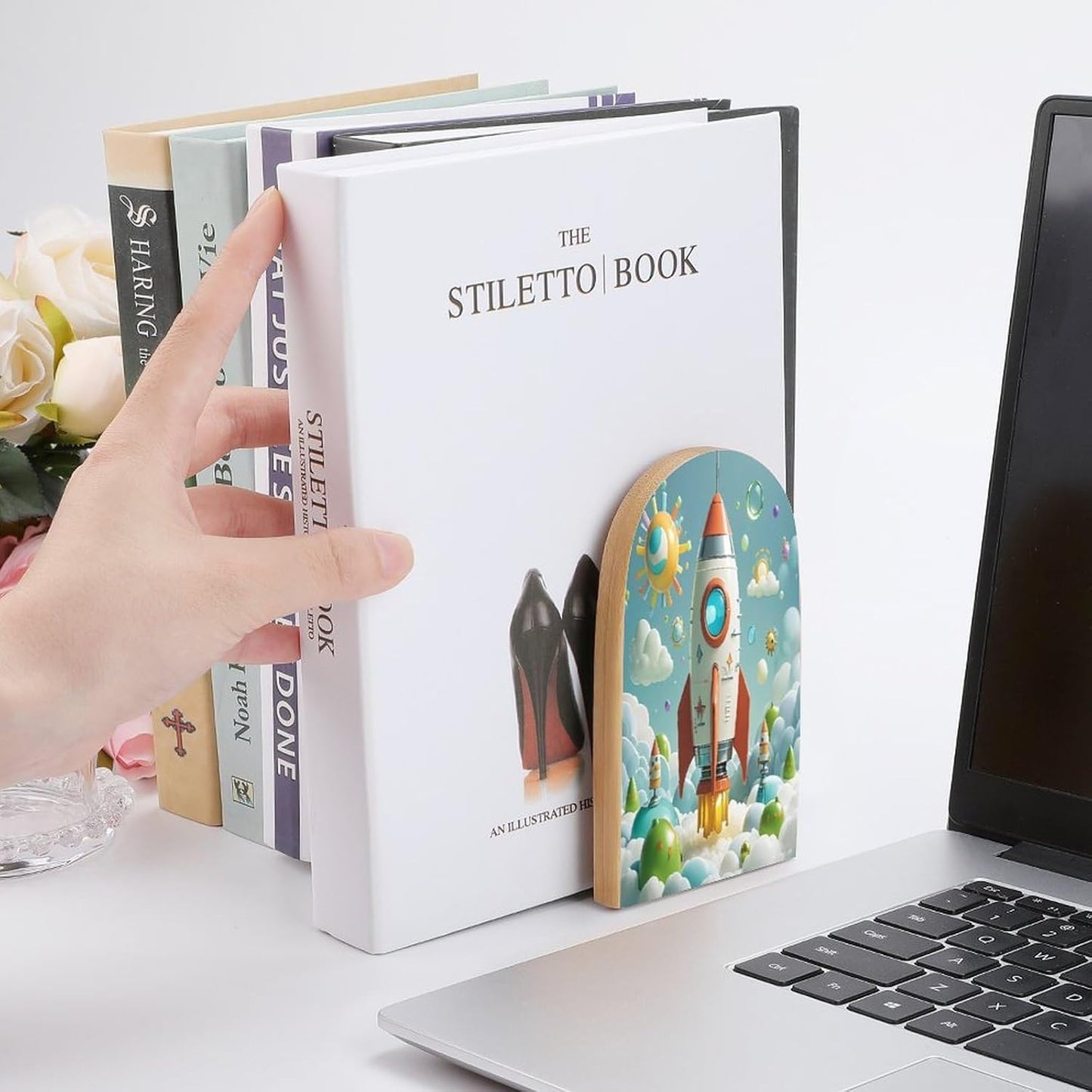 Cartoon Rockets Bookends 1 Pair Heavy Duty Book Ends for Shelves Non-Skid Bookend Supports Wooden Book Holders with Metal Base Desk Organizers Books Storage to Hold Books