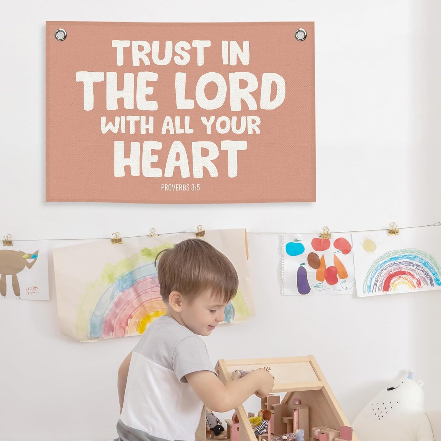 Christian Kids Banner Canvas, Scripture Trust in The Lord Toddler Room Decor, Positive Bible Verse Hanging Flag Sign, Nursery Boho Wall Tapestry Art for Playroom Bedroom Classroom 20x30in