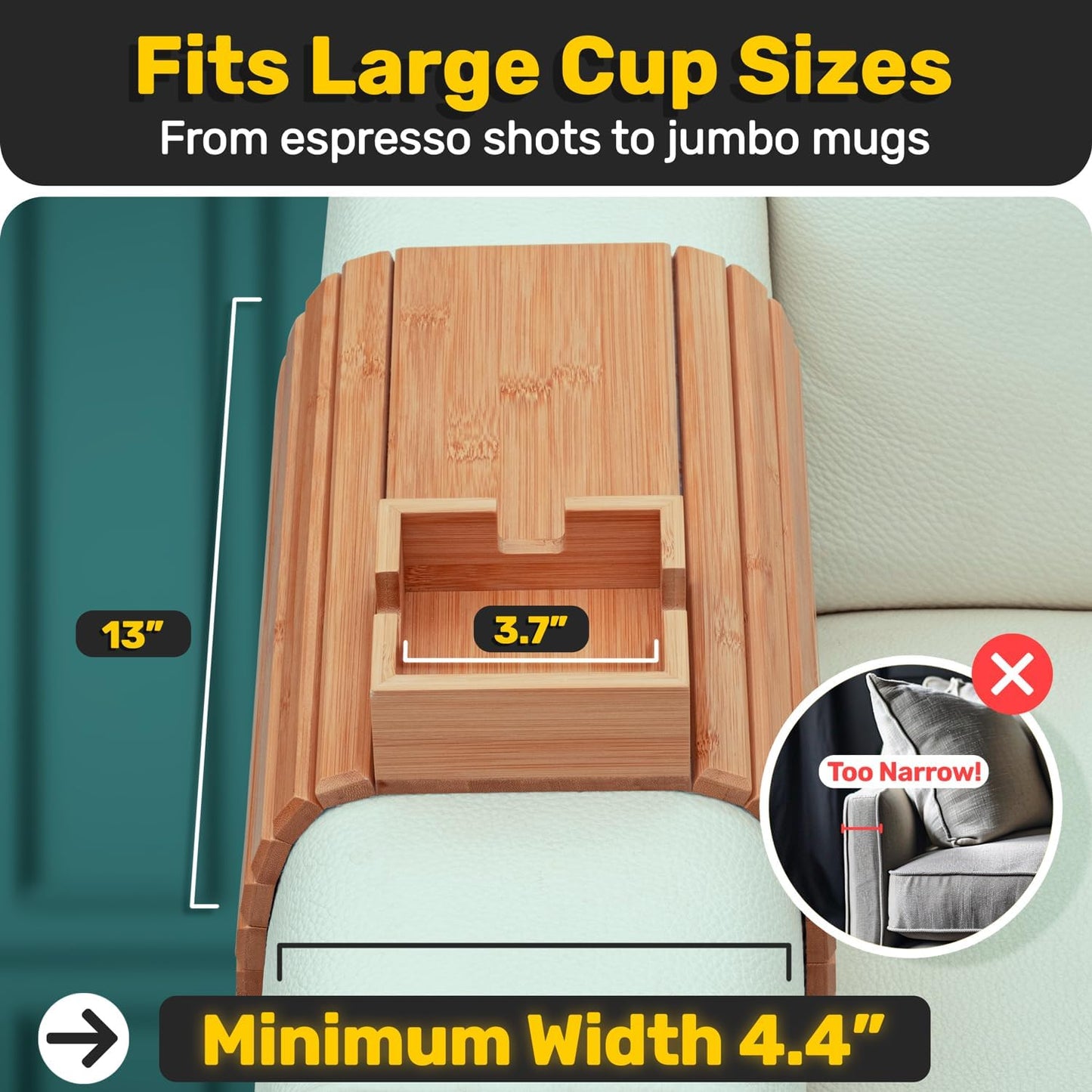 Bamboo Couch Cup Holder, Couch Arm Table & Couch Armrest Tray with Couch Cup Holder Tray Table for Couch, or Loveseat