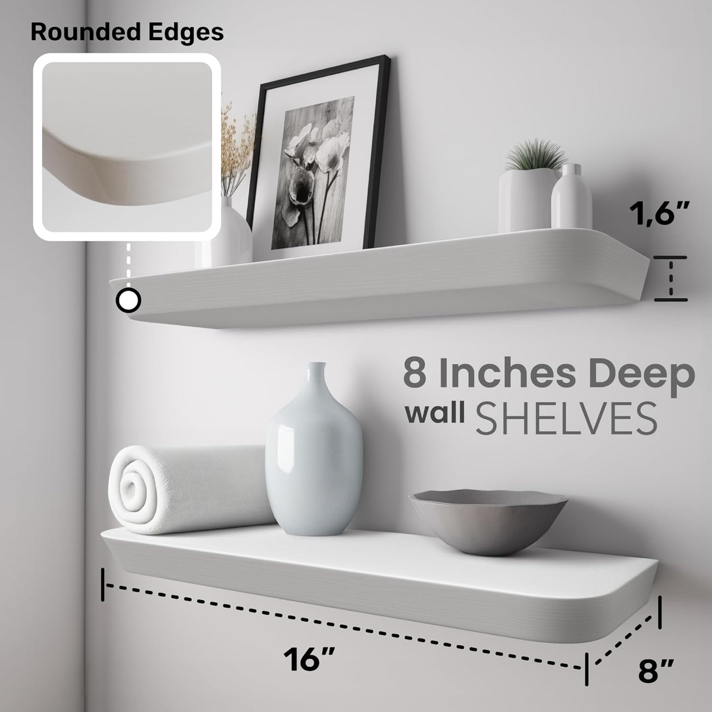 Wood White Floating Shelves for Wall 16 Inch (Set of 2) - White Bathroom Shelves - Small Wall Mounted Shelf for Bedroom Kitchen Living Room - 8 inch Deep Heavy Duty Floating Wood Shelves