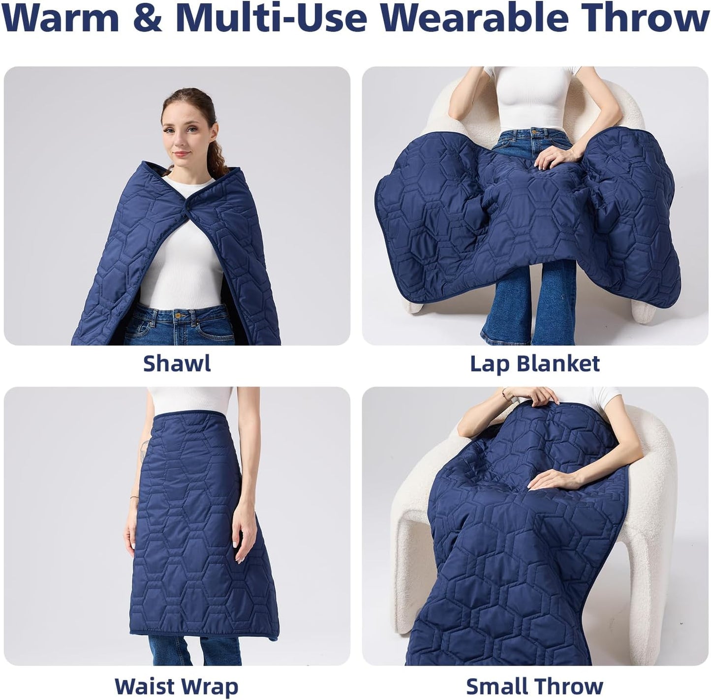 Quilted Fleece Wearable Blanket, Soft Warm Plush Throw for Office & Couch, Dual-Fabric Shawl with Snaps Navy Blue