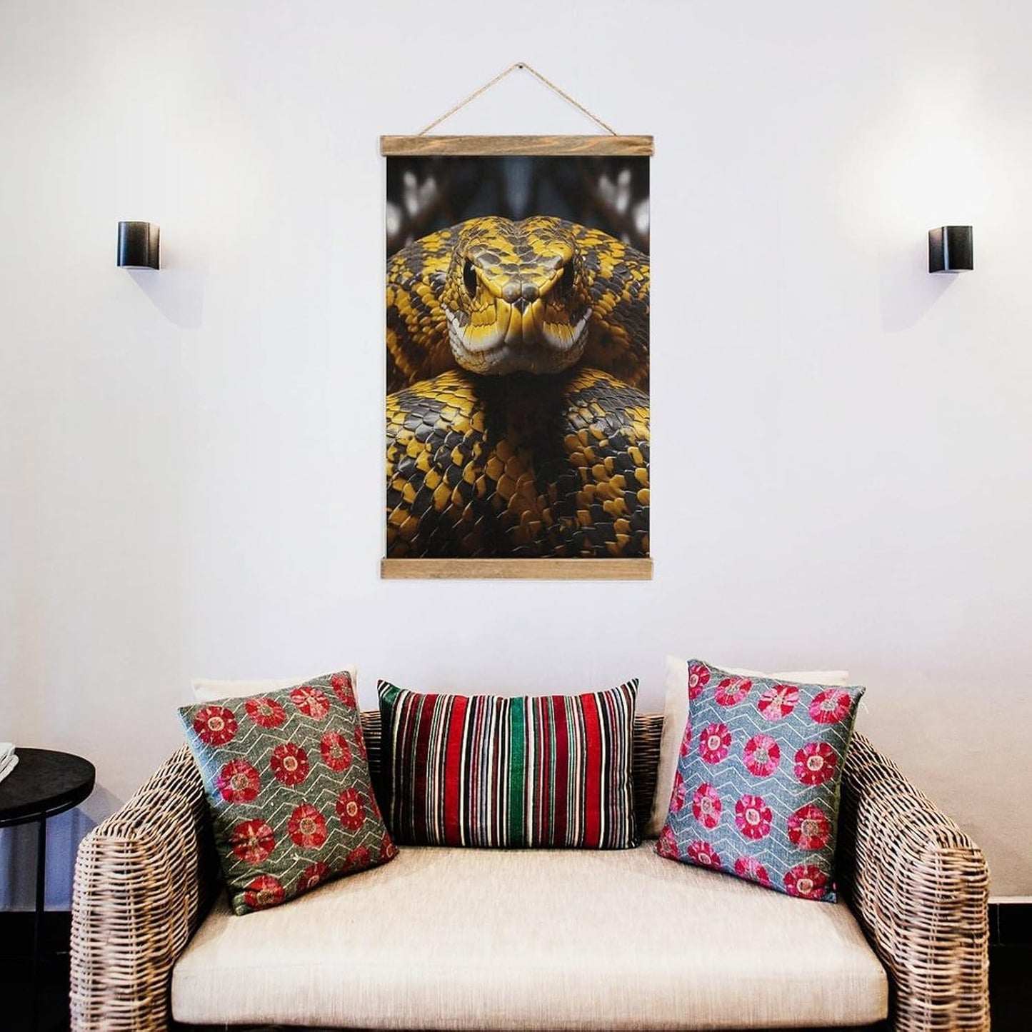 Vintage Yellow Snake Poster with Wooden Frame Personalized Linen Hanging Scroll Painting Rustic Wall Hanging Illustrative Modern Artwork Decor for Home Living Room Bedroom Office