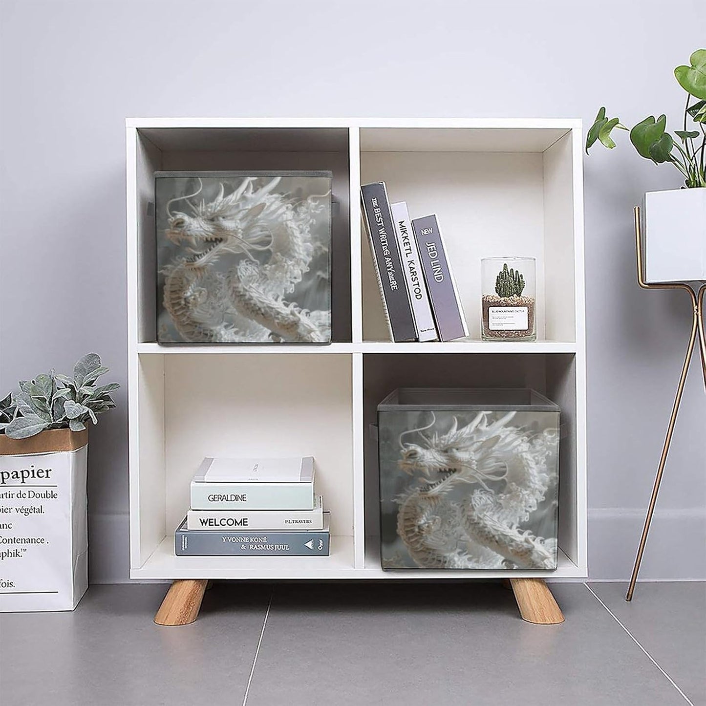 White Dragon Style Storage Bins with Handles Fashion Large Storage Cubes Sturdy Foldable Storage Boxes Space-Saving Storage Baskets for Home Office Clothes Closet Organizers