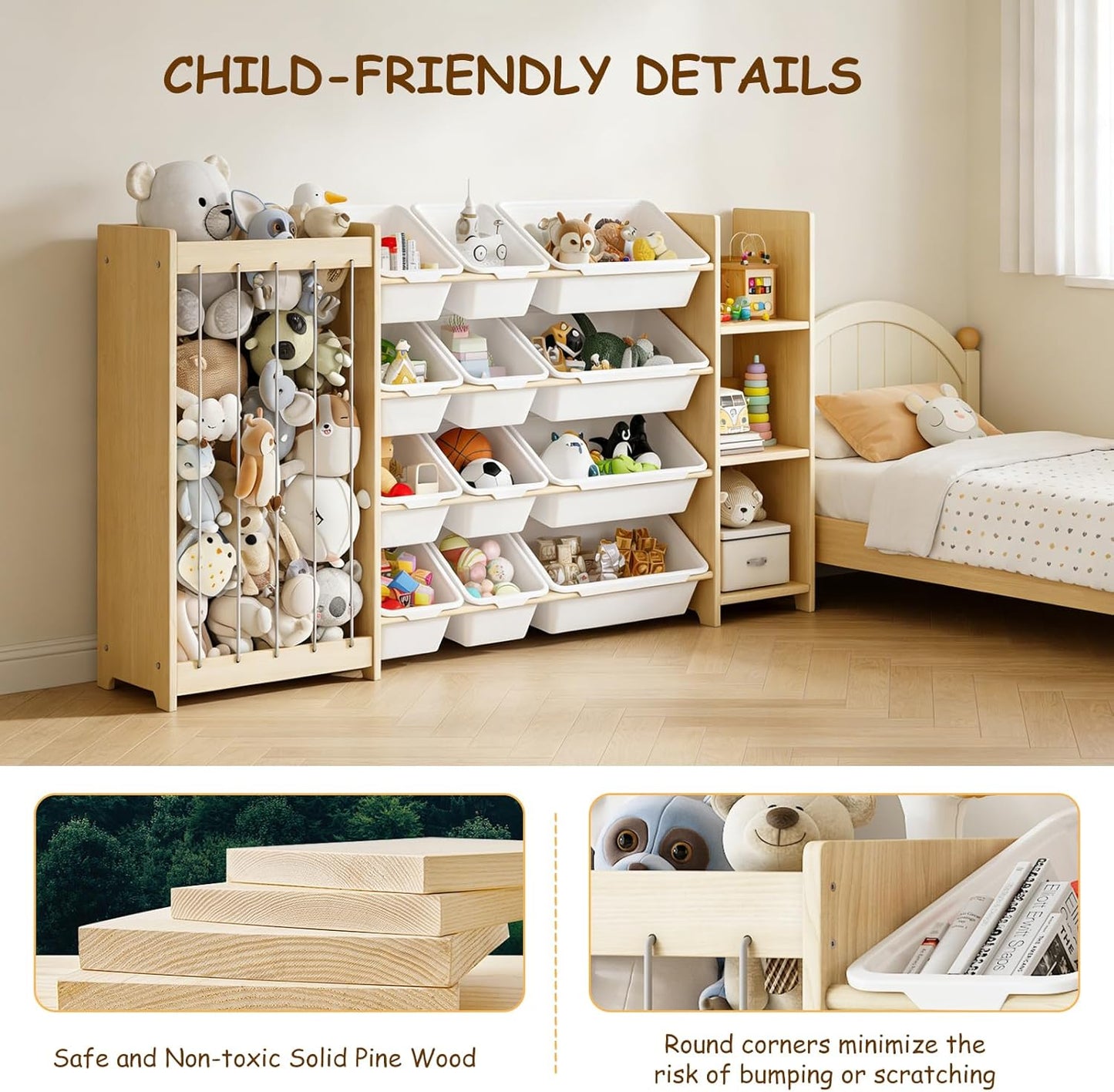 3-in-1 Toy Storage Organizer, Stuffed Animal Holder & 3-Tier Bookcase, Solid Wood Toy Organizer with 12 Storage Bins, Space-Saving Toy & Book Shelf for Kids Rooms, Bedroom, Playroom, White