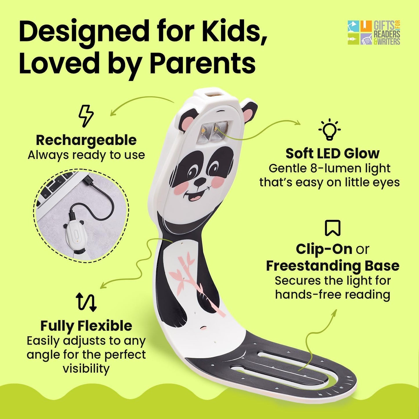 Gifts for Readers & Writers Rechargeable Book Light for Kids, Clip On Reading Light for Bed, 2in1 Flexilight Pals & Bookmark, 12 Hours of Light Once Charged, Includes USB Cable & 2 LED Lights, Panda