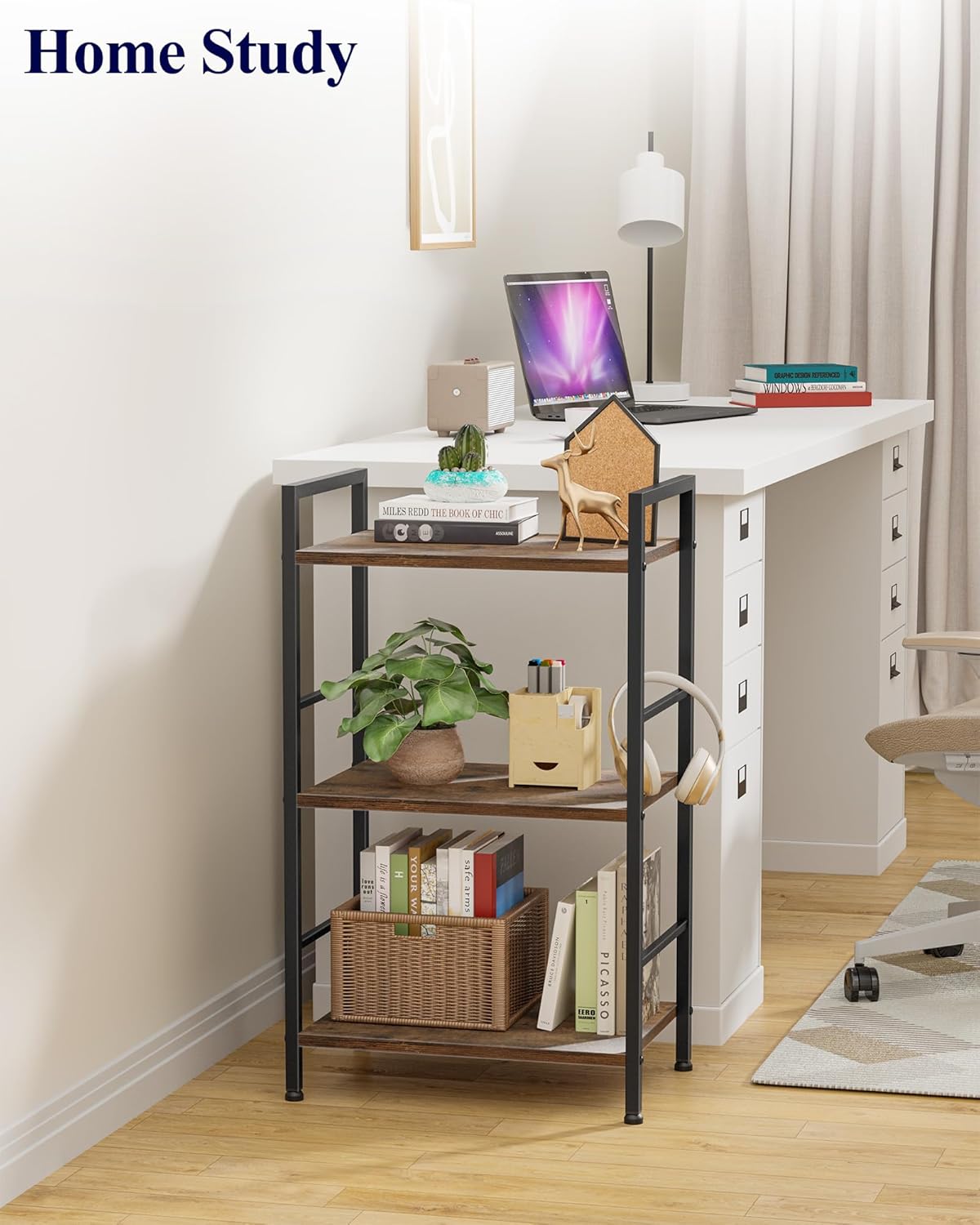 Kitsure 3-Tier Book Shelf - Wood & Metal Bookshelf with Handle & Adjustable Feet, Lightweight Bookcase for Living Room, Bedroom, Kitchen, Office or Dorm (16.5"×11.0"×28.1")