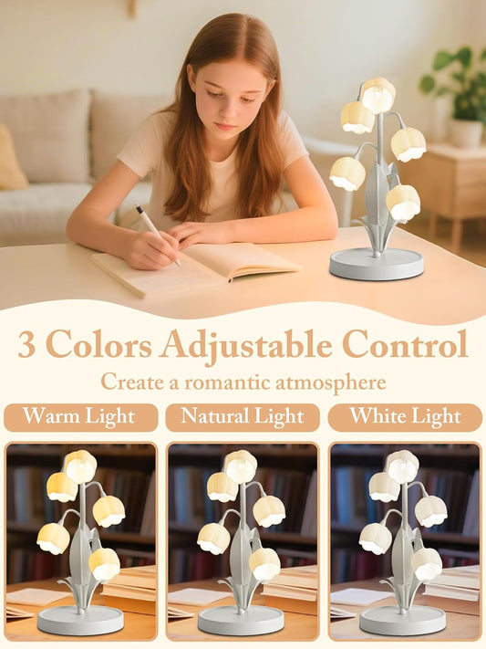 Flower Lamp for Home,Bedside Vintage Table Lamps,5 Lily of The Valley Reading Lights,3 Colors Modes Kawaii Bedside Lamp Decor,with G4 Bulb Nightstand Light for Living Room Office Bedroom (White)