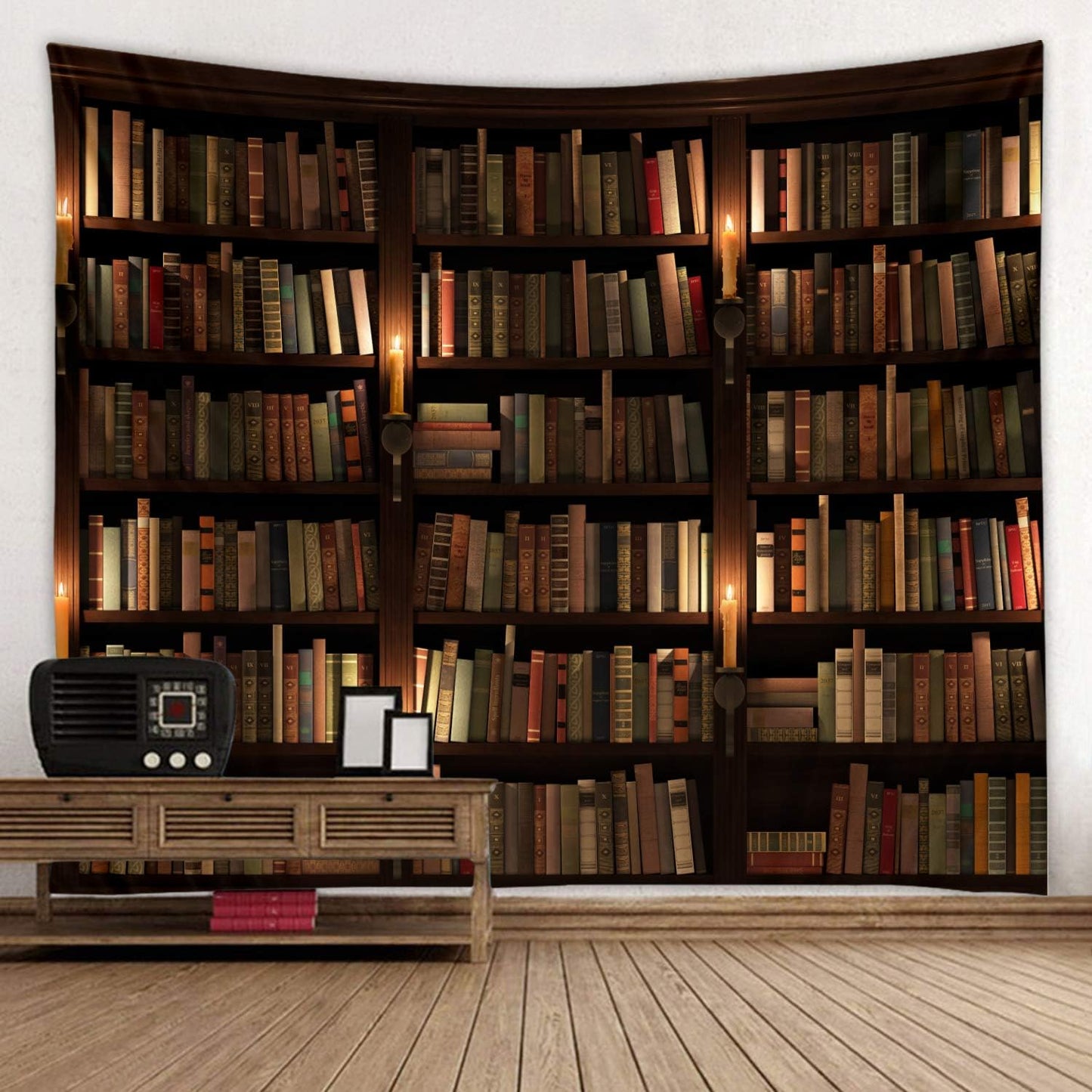 Old Bookshelf Candle Print Fabric Tapestry Decorative Wall Art Tablecloth Bedspread Picnic Blanket Beach Throw Blanket Multifunctional for Bedroom Hall Dormitory Living Room Hanging 59 x 51 inches
