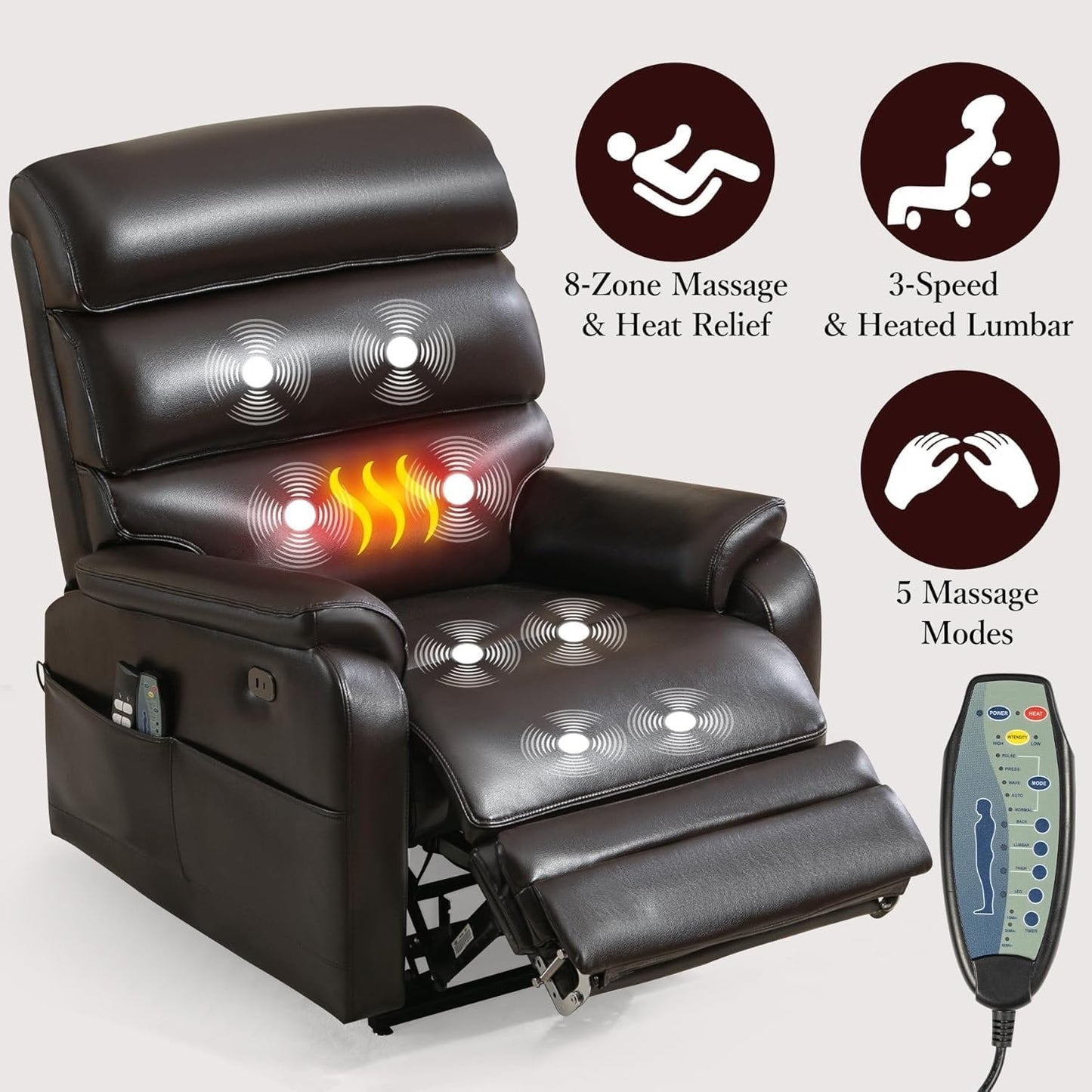 Power Lift Recliner Chair Single Sofa with Extended Footrest Heat Massage Big Tall Lay Flat Ergonomic Lounge Chairs for Home Theater Living Room Bedroom