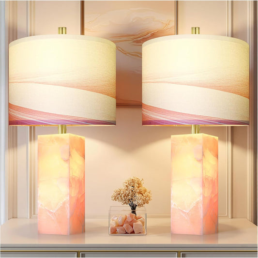 Scenekoy 23" Alabaster Table Lamp Set of 2 with Night Light for Bedroom Living Room, Rotary Switch, Pink Modern Table Lamp with Linen Shade, Nightstand Lamps for Room Bedside Office (Bulb Included)