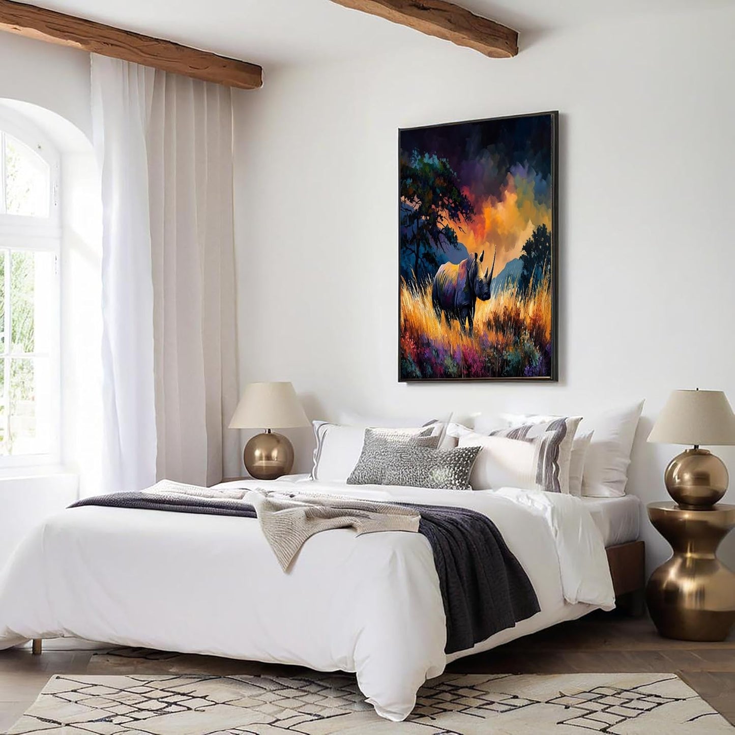 GDJSMIN Sunset Grassland Scene Wall Art, Majestic Animal Rhino Poster for Reading Room Living Room Decor 24 x 36 inch Unframed