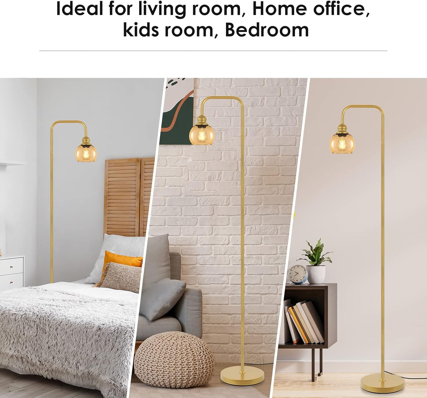 Modern Floor Lamp for Living Room with 6W LED Bulb, Industrial Floor Lamp, Amber Glass, Classic Reading Tall Lamp for Home Office, Standing Lamp for Study, Minimalist, Vintage, Mid Century, Brass Gold