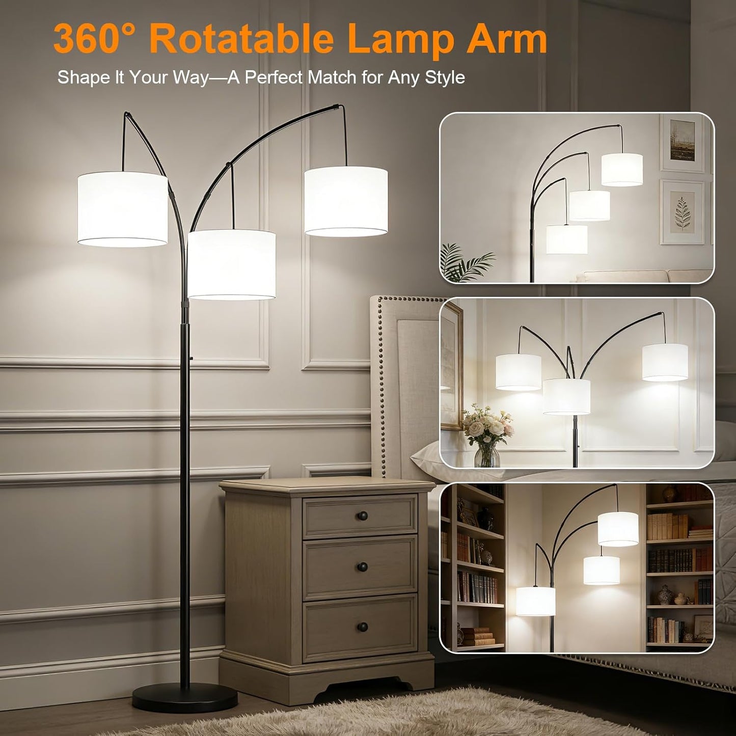 80 Inch Arc Floor Lamp for Bedroom, 3-Light Dimmable Standing Lamp for Living Room, 2400LM Super Bright Tree Lamp with Remote Control, Tall Floor Lamp for Office with Adjustable Arms & Weighted Base