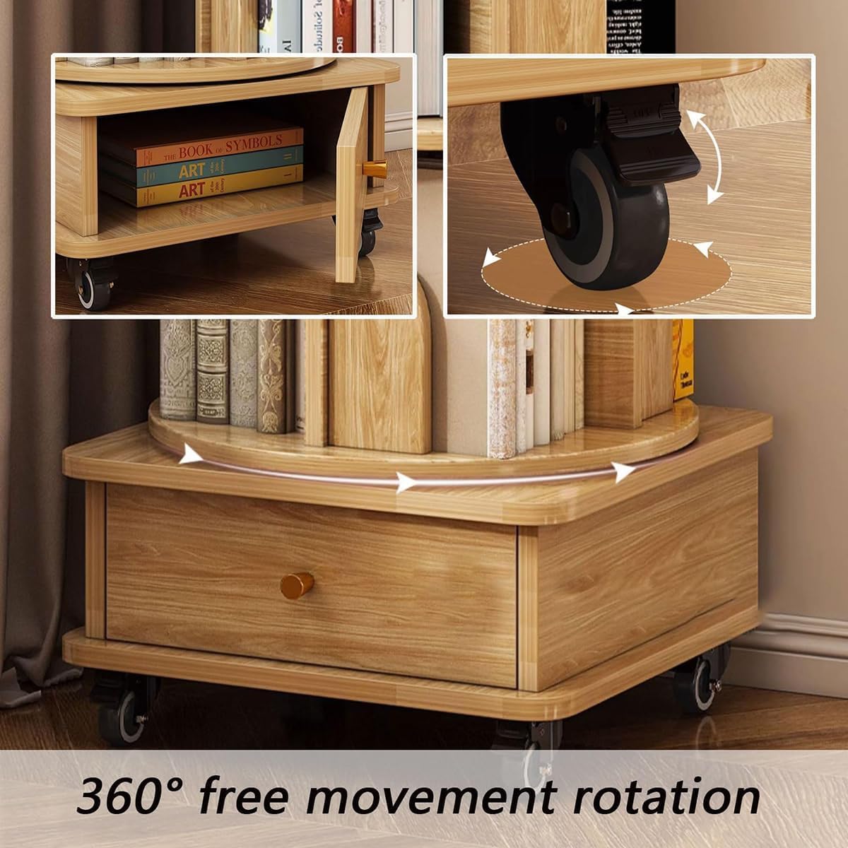 5-Tier Rotating Bookshelf Tower on Wheels - Space-Saving Corner Bookcase for Living Room, Bedroom, Study - Stylish Wood & Metal Design (Wood Color)