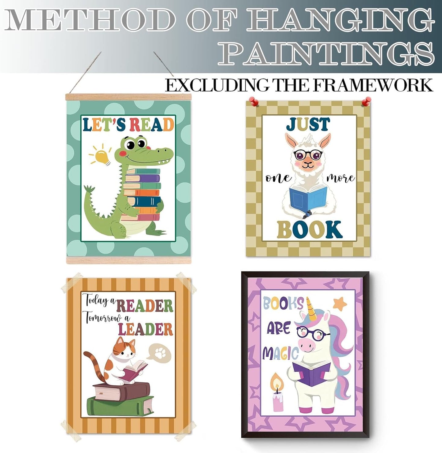 Hapons Cute Animals Reading Corner Wall Art Decor Posters, Inspirational Crocodile Alpaca Cat Unicorn Nursery Teen Toddler Kids Room Bedroom Dorm Wall Art Prints, Aesthetic Playroom Classroom Wall Decor Reader Book Lover Gifts 8''x10'' 4 PCS Unframed