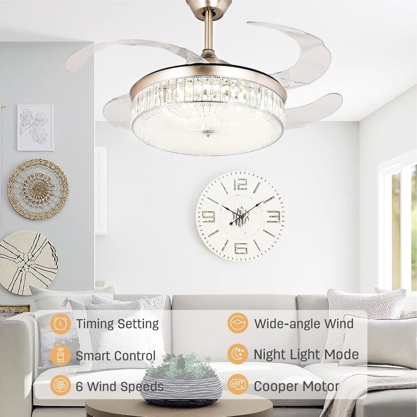 STERREN 42 Inch Crystal Ceiling Fan with Light,Modern Retractable Flush Mount Low Profile Bladeless Chandelier Ceiling Fan with Lights and Remote for Bedroom Living Room Fandelier