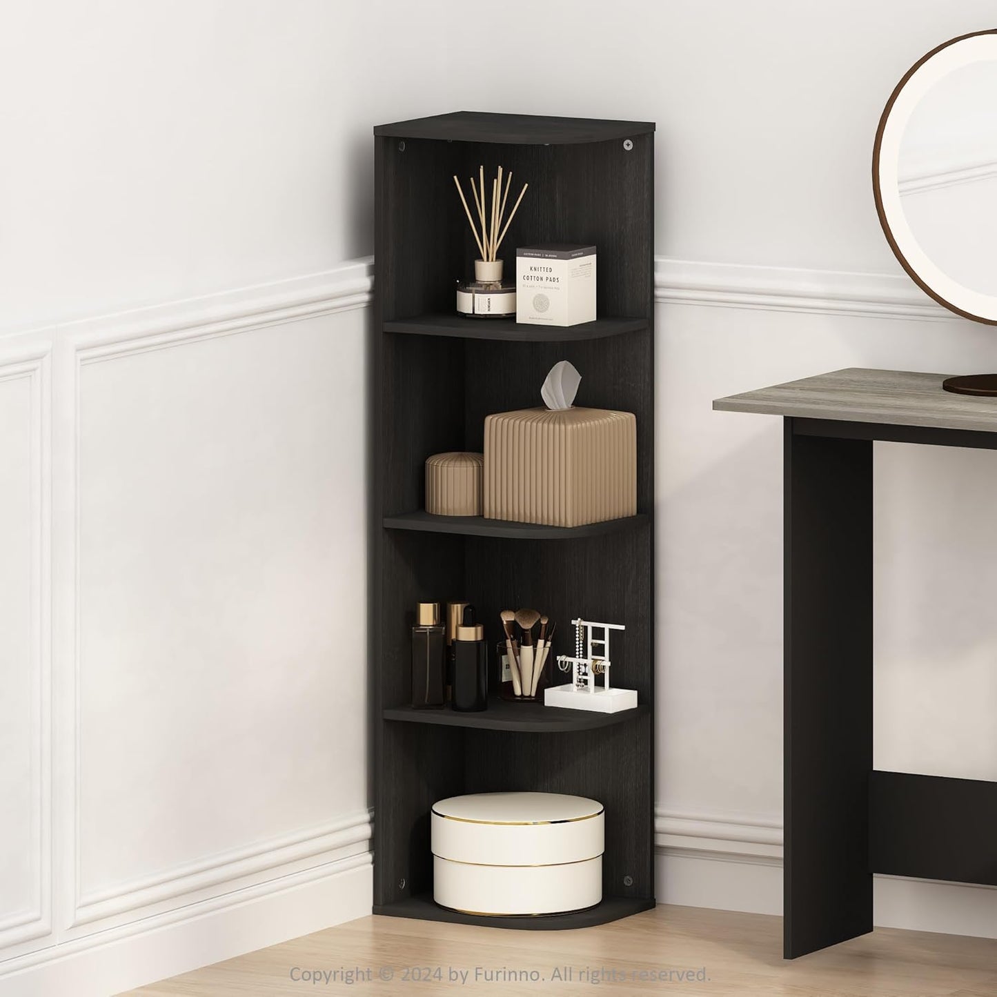 Furinno Reed Corner Shelf, 4-Tier Corner Bookshelf, Book Shelf, Corner Shelves, Storage Rack, for Organization and Storage, Home Office, Living Room, Blackwood