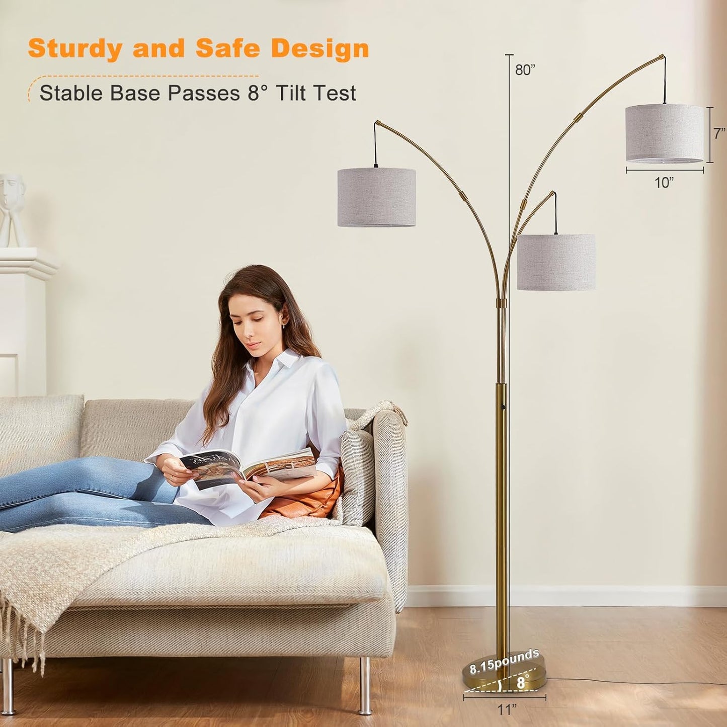 Gold Floor Lamps for Living Room, Super Bright Arc Floor Lamp with Remote Control, 3 Light Tall Floor Lamps with Stepless Dimmable, 80" Mid Century Tree Floor Lamp for Bedroom, Office