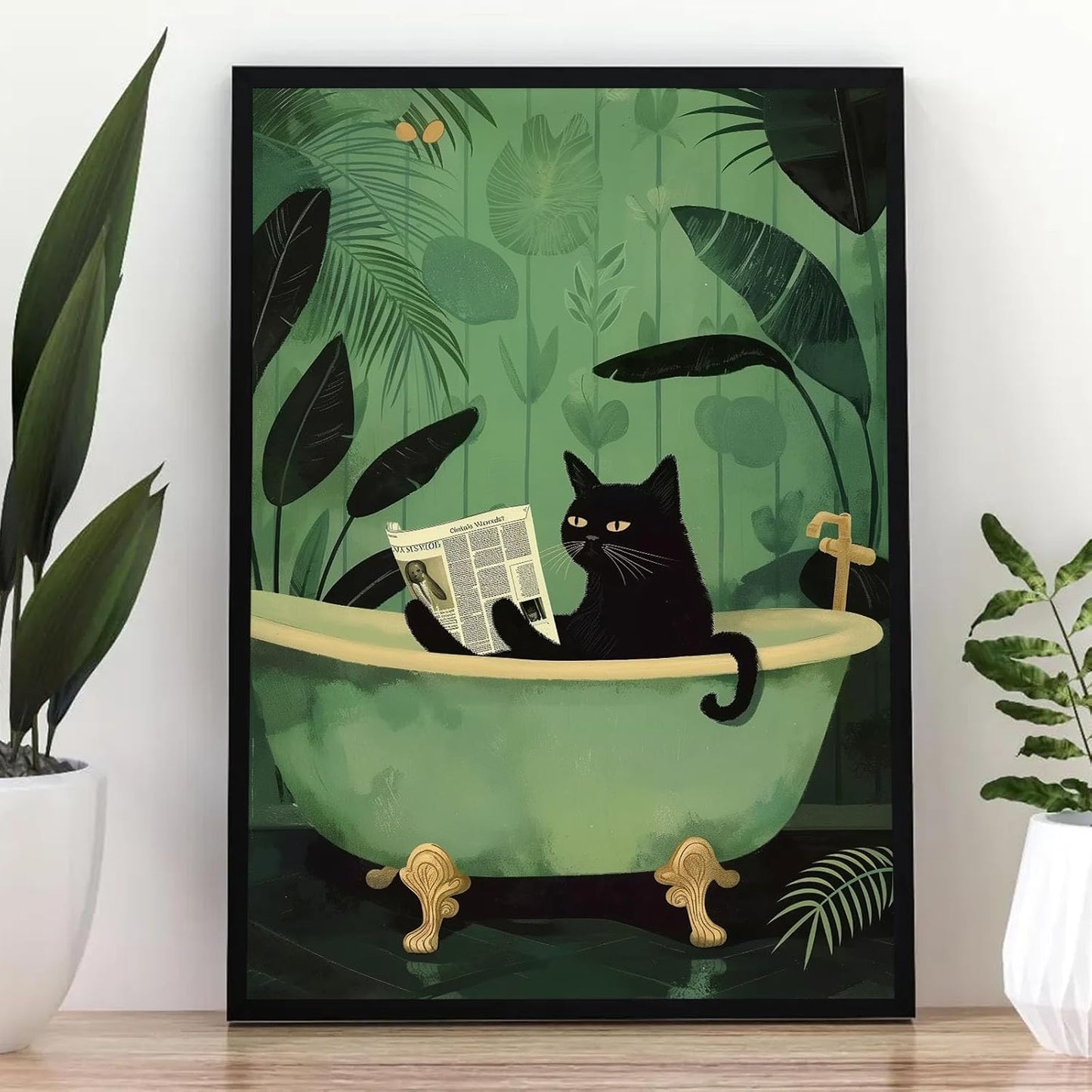 Funny Black Cat Wall Art Bathroom Cute Black Cat Reading Newspaper Picture Animal Bathtub Art Green Small Trendy Paintings Aesthetic Washroom Bathroom Wall Art Trendy Animal Poster 16x24inch No Frame