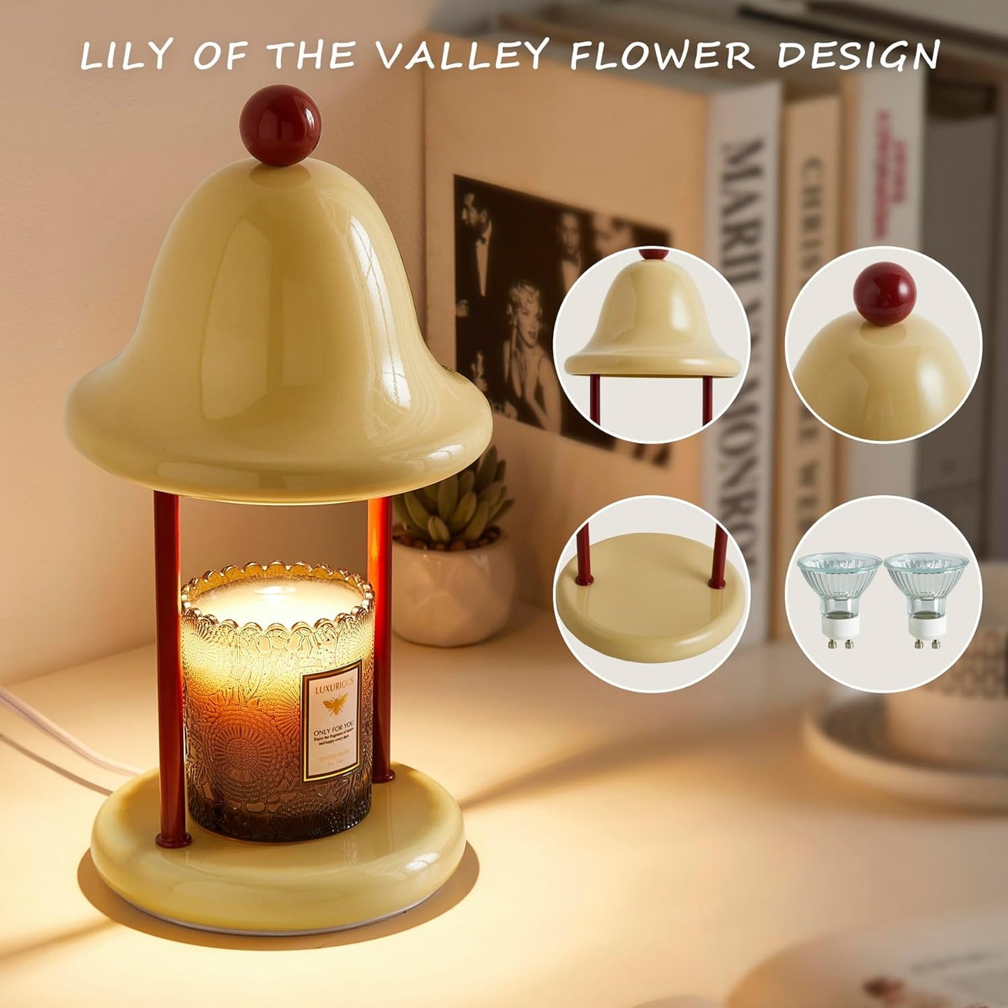 Bell Candle Warmer Lamp with Timer Dimmable, Bedroom House Office Aesthetic Living Girls Room New Home Decor, Christmas Birthday New Year Gifts for Women Mom - Light Yellow & Red